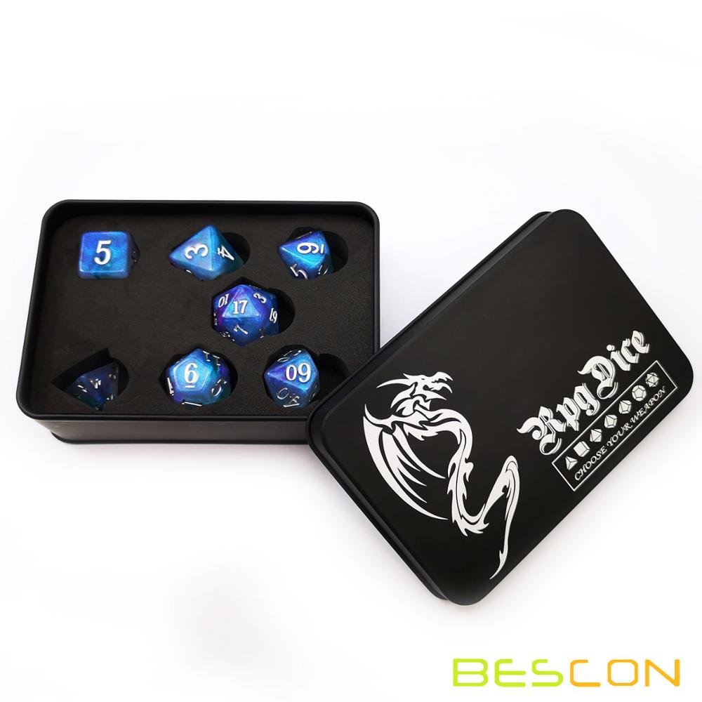 Bescon Magical Stone Dice Set Series, 7pcs Polyhedral RPG Dice Set Fairy Spirit, RoseQuartz, Gold Ore, Dragon Eyes: Dragon Eyes Tinbox