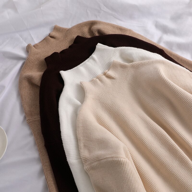 Løs sweater dame pullover afslappet rullekrave langærmet chik oversized strik sweater dame sweatere split side top