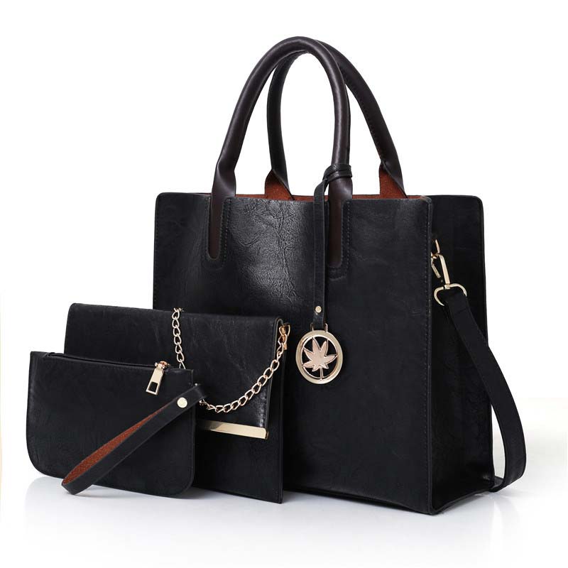 3 uds las mujeres bolsa de bolsa de bolso de cuero de poliuretano para mujer sólida bolsa de mensajero de color hombro cartera bolsas para las mujeres: Black