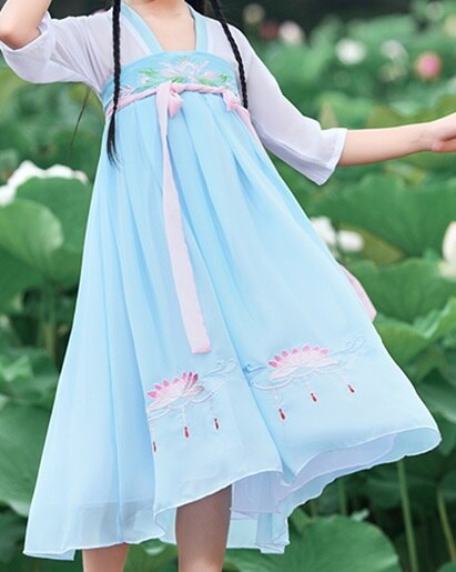 Meisjes Hanfu Chinese Oude Fee Elegante Kostuum Kinderen Chiffon Jurk Kinderen Tang-dynastie Folk Dance Stage Outfit DNV11947: Blauw / 140cm