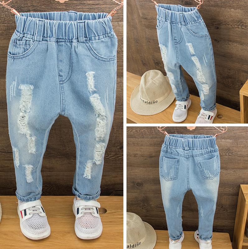 Jeans Kinderen Lente En Herfst Broek Kinderen Ripped Broek Baby Kinderkleding Effen Kleur Mode Broek Mid-taille