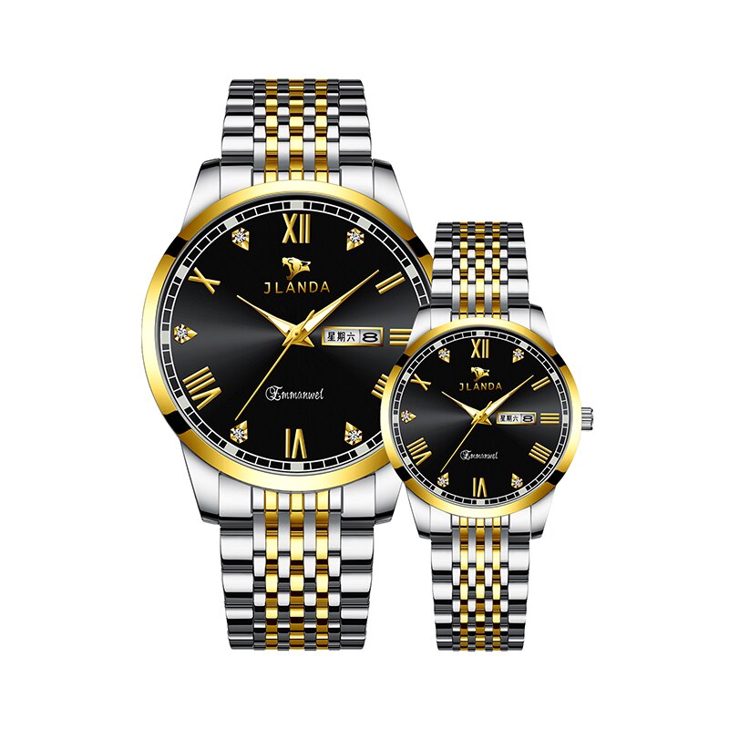Reloj de lujo para parejas, relojes de pulsera de cuarzo dorados de , de acero inoxidable, analógicos, para mujeres y hombres: Black Gold
