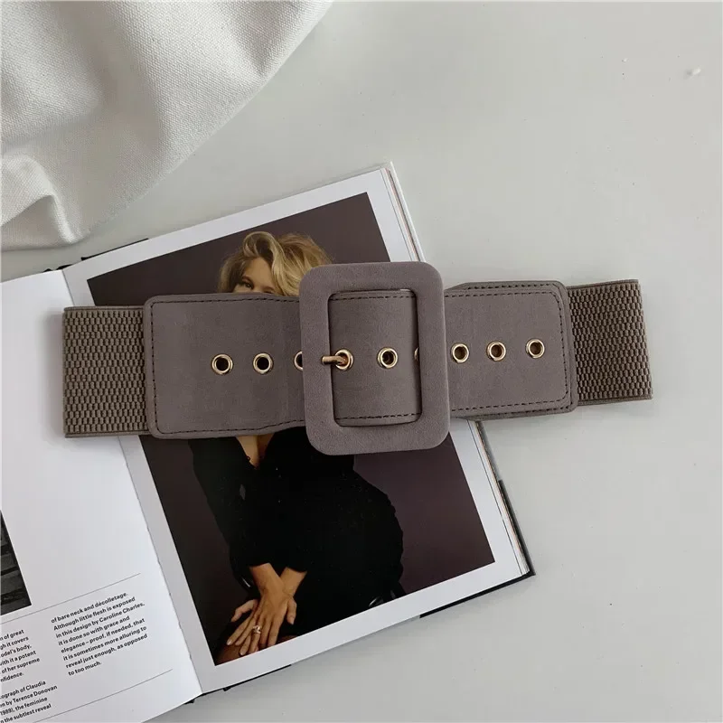 Cinturones de gamuza para mujer, cinturón elástico para ropa de mujer, hebilla de estilo coreano, cinturón ancho elástico que combina con todo, decoración de ropa: Blanco