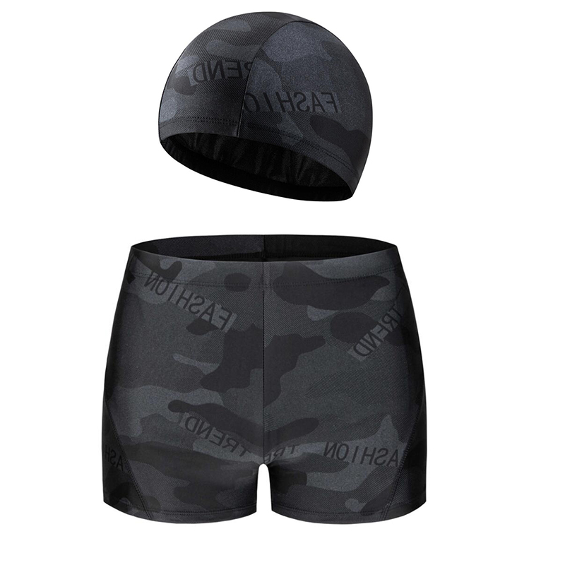 Men Teens Quick Dry 2pcs Set Swimming Trunks Swimming Pool Swimwear Bathing Suit Male Beach Boxer Swimsuit Shorts With Cap/Hat: L / WHITE