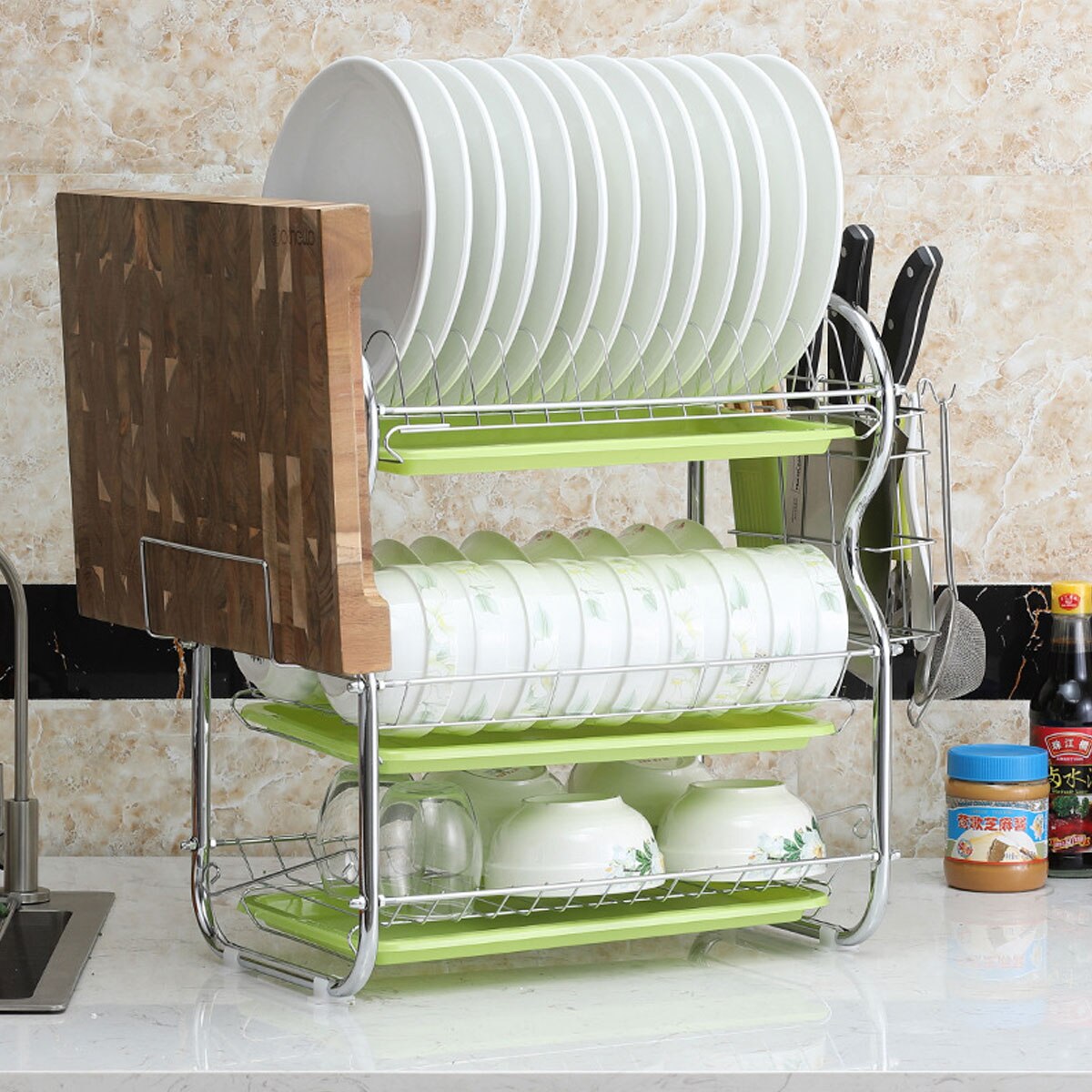 Estante de secado de platos de 2/3 niveles, cesta de hierro chapado, soporte para lavado del hogar, escurridor de platos para fregadero de cocina, estante organizador: F 3 Tier