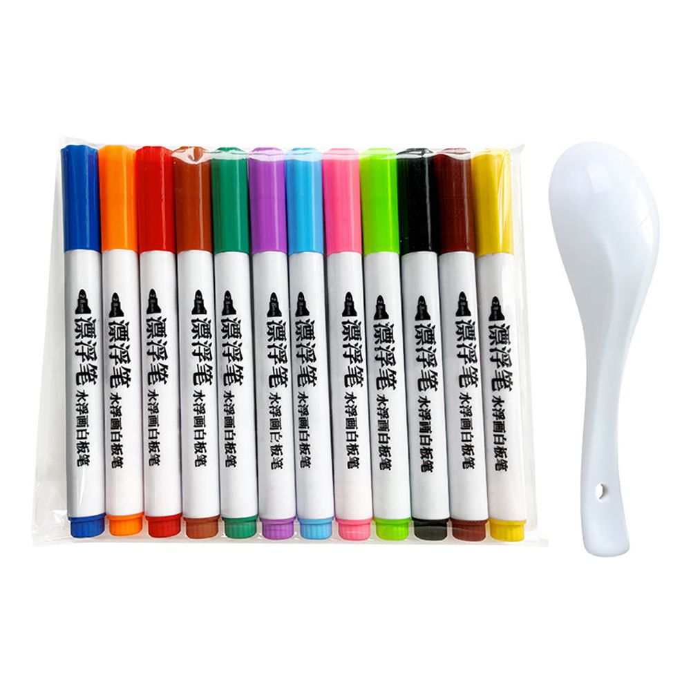 Pluma mágica para pintar al agua para niños, rotulador flotante para garabatos, marcadores de pizarra blanca de colores, juguete educativo para dibujar en el agua: 12 colors with spoon