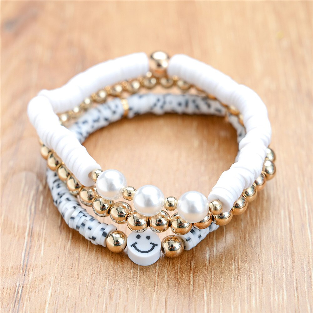 Boho Kleurrijke Polymeer Klei Smiley Gezicht Vriendschap Armband 3 Stks/set Ronde Kralen Multilayer Wrap Armband Vrouwen Polsband: set 2