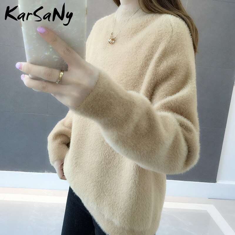 Fluffy mohair sweatere til kvinder vinter varm hvid trøje tyk blød strikket trøje kvinder solid løs sweater hun