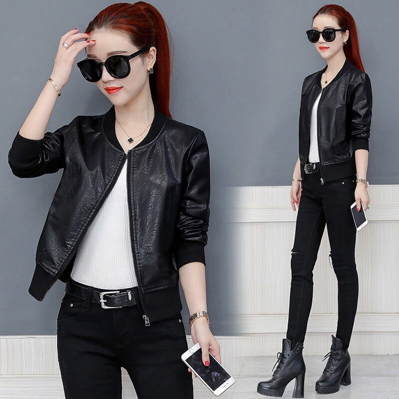 Vangull Spring Leather Jacket Women Black Color Mandarin Collar Zippers Short Female Faux Leather Jackets