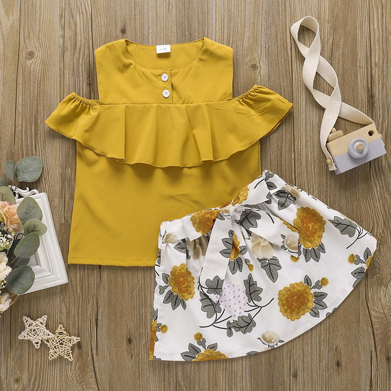 Childern Clothes Toddler Kids Baby Girls Summer Sweet Vest Bow Print Skirt Clothes Set Kids Clothing 2PCS Outfit Set