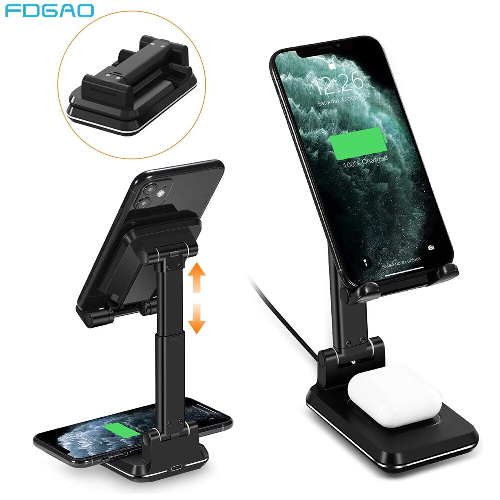 Fdgao draadloze opladerstandaard draagbare telefoonhouderbeugel 2 in 1 10w qi snellaadstation voor airpods pro iphone samsung