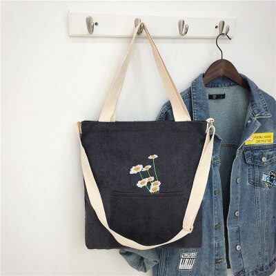 Damen-schultertasche, niedliche Kabel-tragetasche mit reißverschluss, Käufer-handtasche für mädchen, bestickt mit kleinen gänseblümchen, umhängetasche: Dunkelgrau