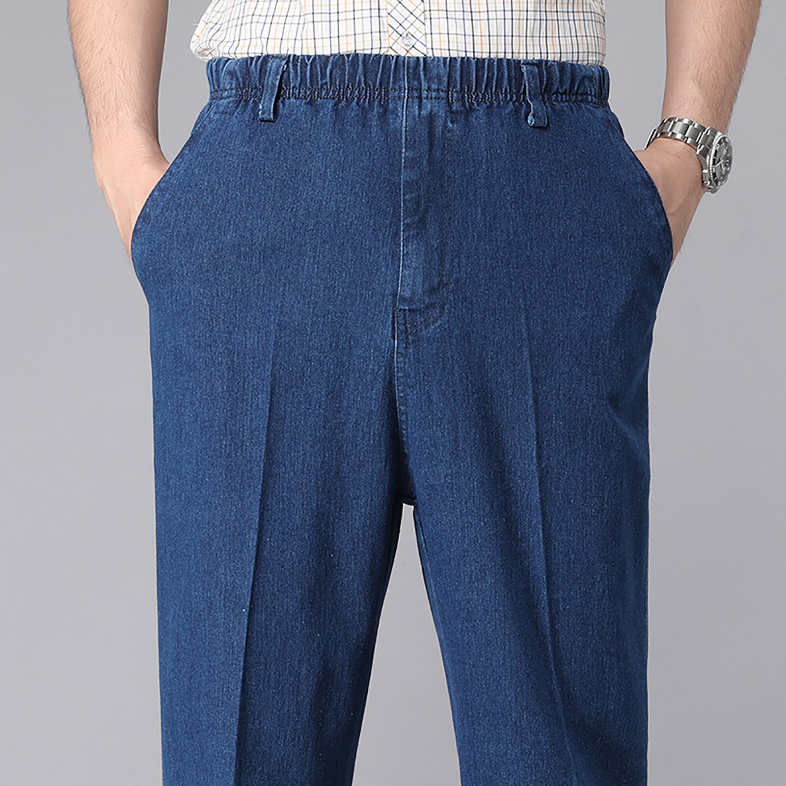 Men Jean Pants Solid Color Elastic Waistband Drawstring Straight Denim Pants Long Trousers with Pockets Plus Size