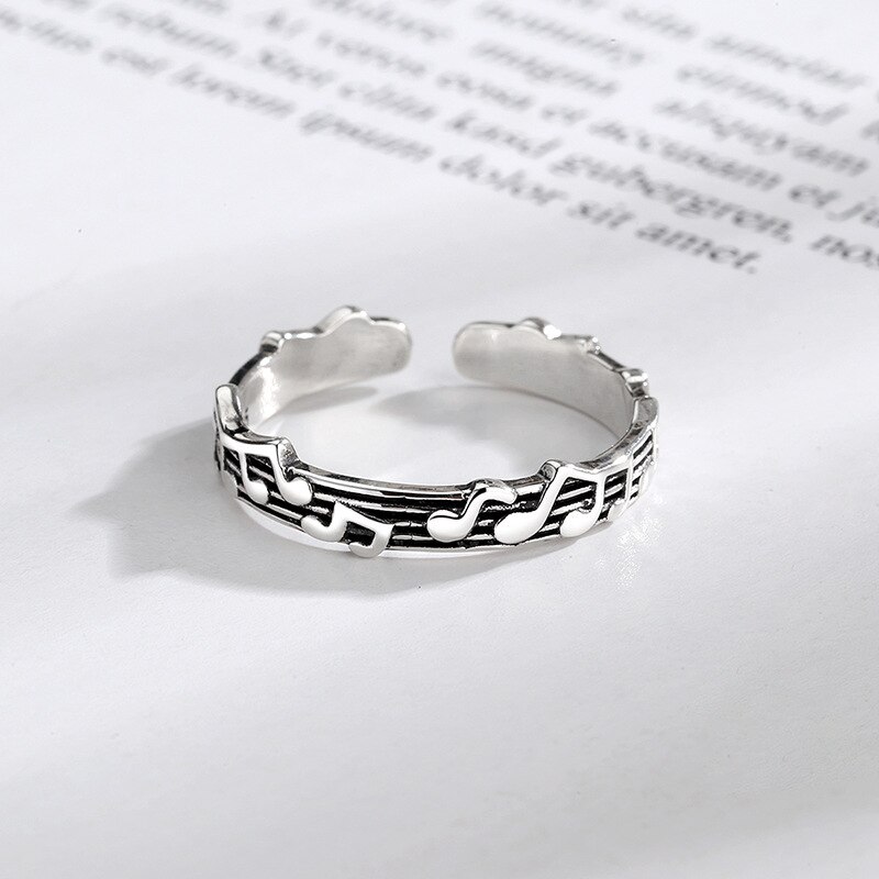 Enkelhet klokke ring retro sølv farge legering musikk noter ring ball dating ring kvinner jenter smykker justerbar åpning