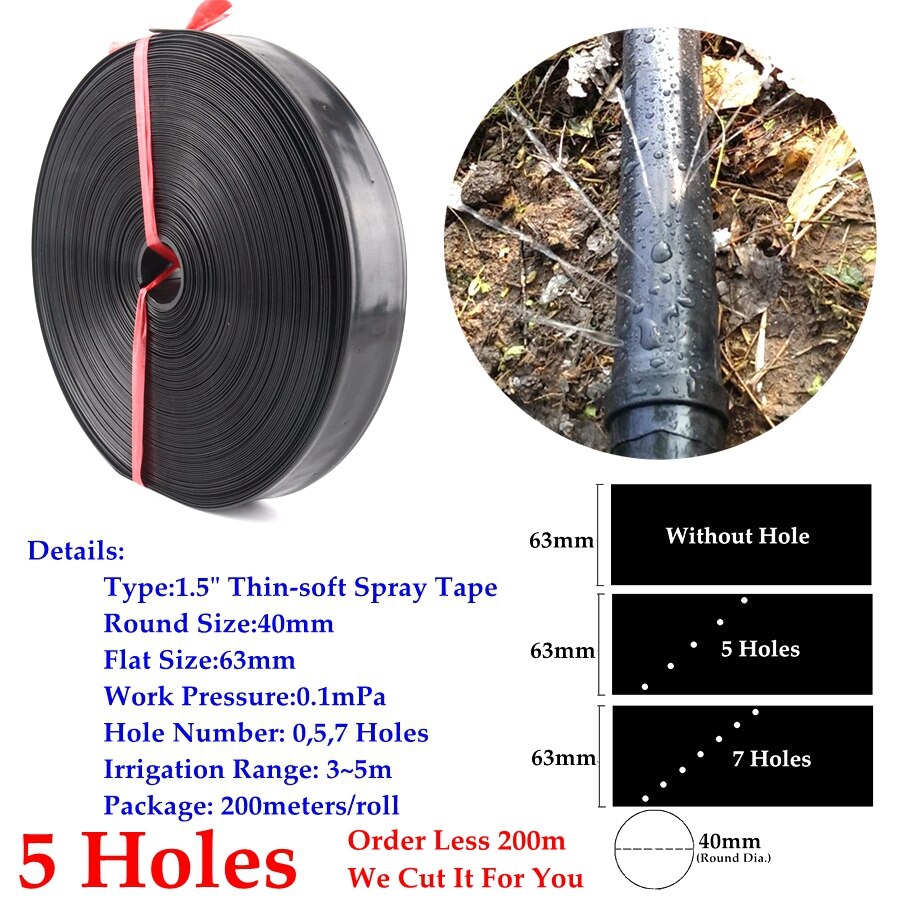 5~50M 0~7Holes 1.5" Φ40mm Thin-Soft Spray Tape Lawn Watering Hose Farm Greenhouse Irrigation Soft Pipe Sprinkler Flex Tube Line: 50m(165ft) / 5 Holes
