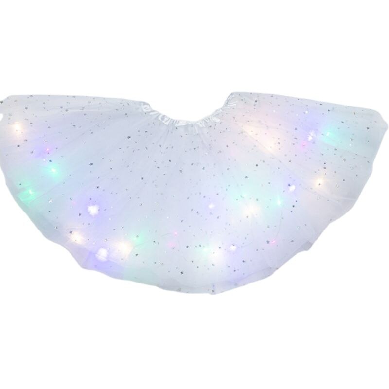 Falda con lentejuelas y estrellas brillantes para niñas, tutú de baile y Ballet con luces LED, Vestido corto de tul en capas de colores neón para escenario y: White