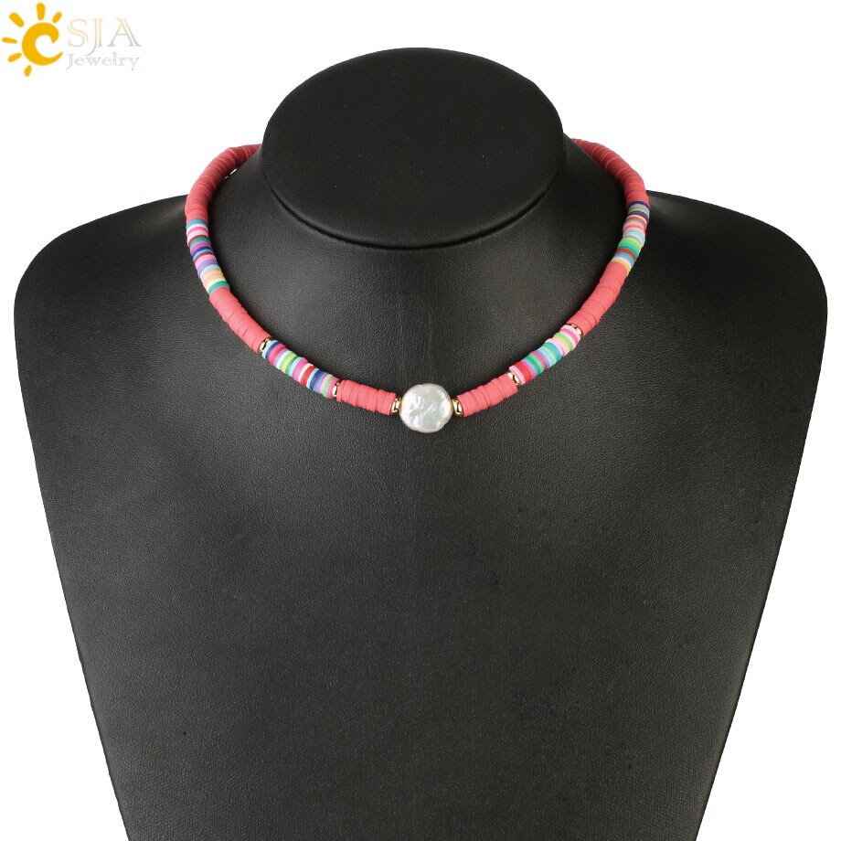 CSJA Böhmischen Perle Halsketten für Frauen Regenbogen Weichen Keramik Reize Boho Halskette Bunte Perle Ethnischen Stil Schmuck S538: B