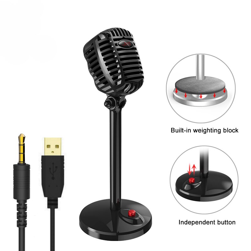 Microphone Wired Studio HD Noise Cancelling Condenser Karaoke Tabletop USB 3.5mm Mircophone for Computer Retro Mic