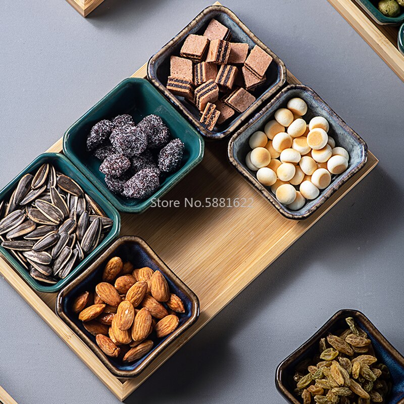 Ceramic Grid Fruit Plate Snack Plate Serving Platter Japanese Small Dish with Tray Home Desktop Dried Fruit Snack Tray