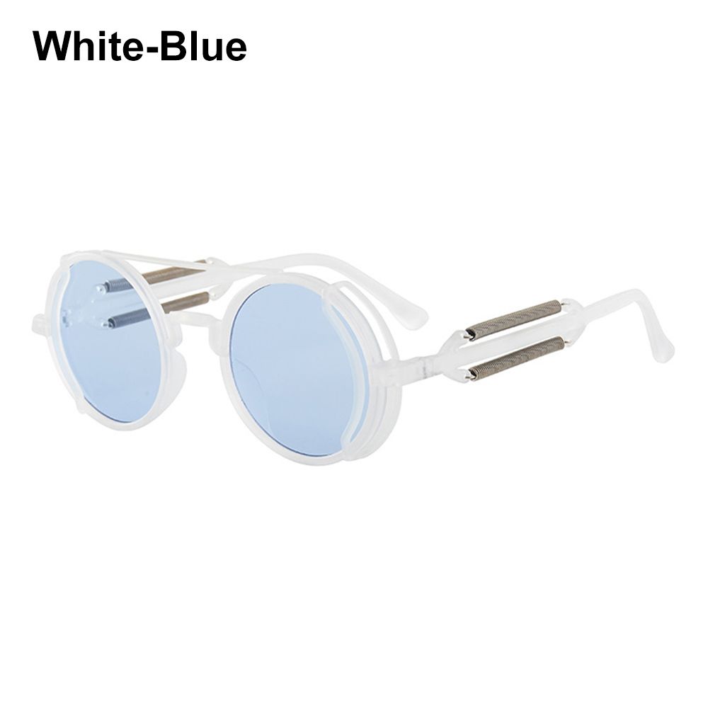 Gothic Punk UV400 Bescherming Trendy Ronde Zonnebril Steampunk Zonnebril Mannen Eyewear Zonnebril: White-Blue
