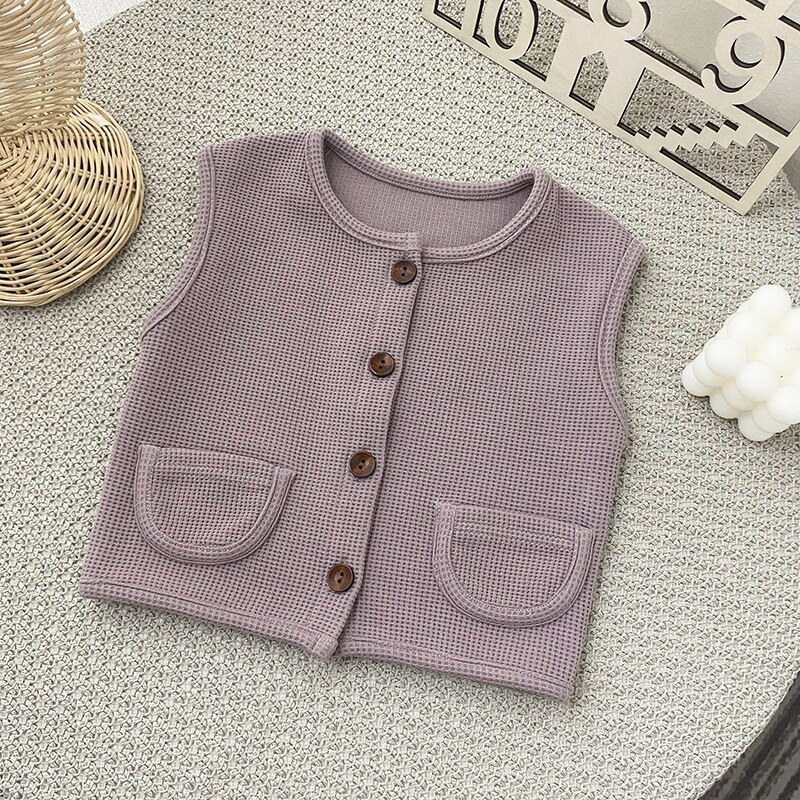 2021 nova criança bebê colete para a menina sólido waffle sem mangas cardigan primavera outono algodão crianças roupas meninos trajes: Z578K / 24M