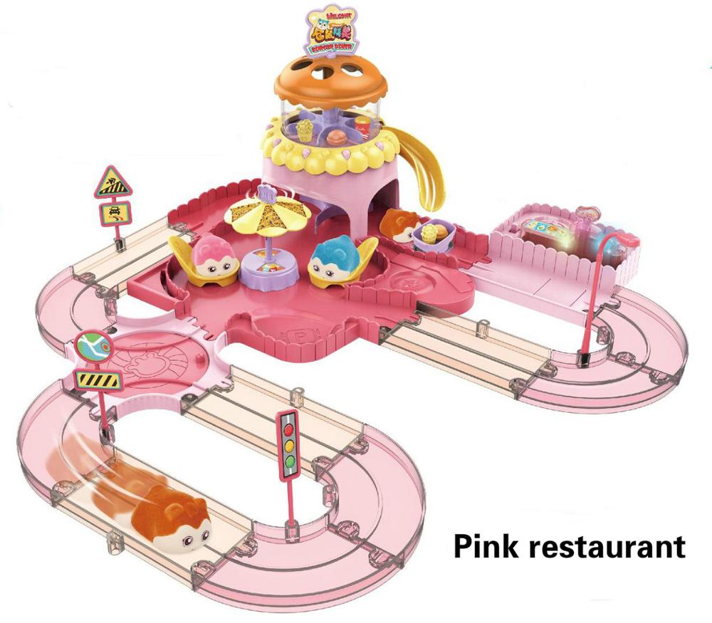 Electric Hamster Grow House Elven Track Car Set Children Play House Educational Scene Toy For Kids: Pink restaurant