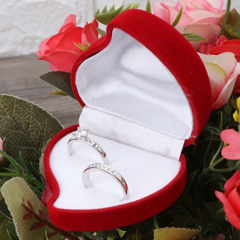 Caja de anillos de boda doble, terciopelo, forma de corazón, Caja de rosas rojo, exhibición de Joyas