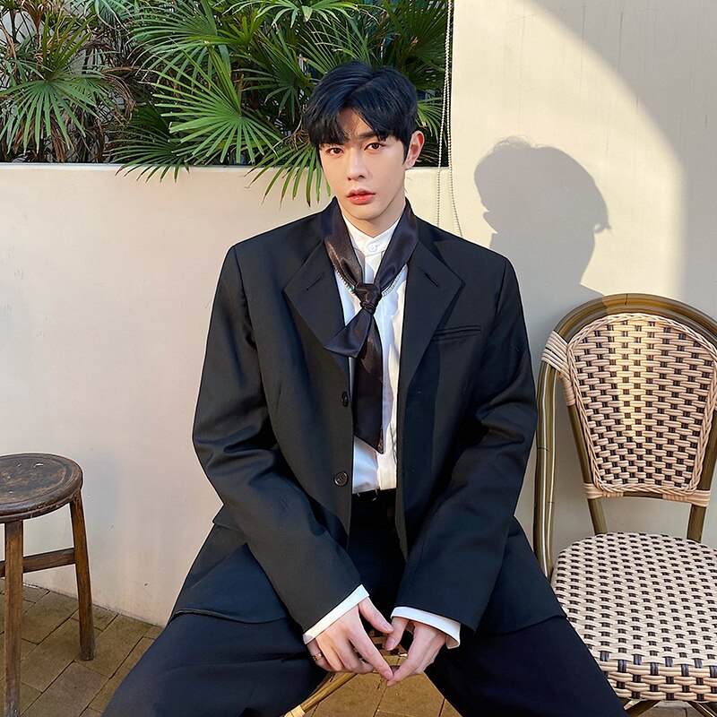 Chaqueta de seda para hombre, traje informal holgado con cuello de corbata, Vintage, ropa de calle, Chaqueta de vestir, abrigo Harajuku