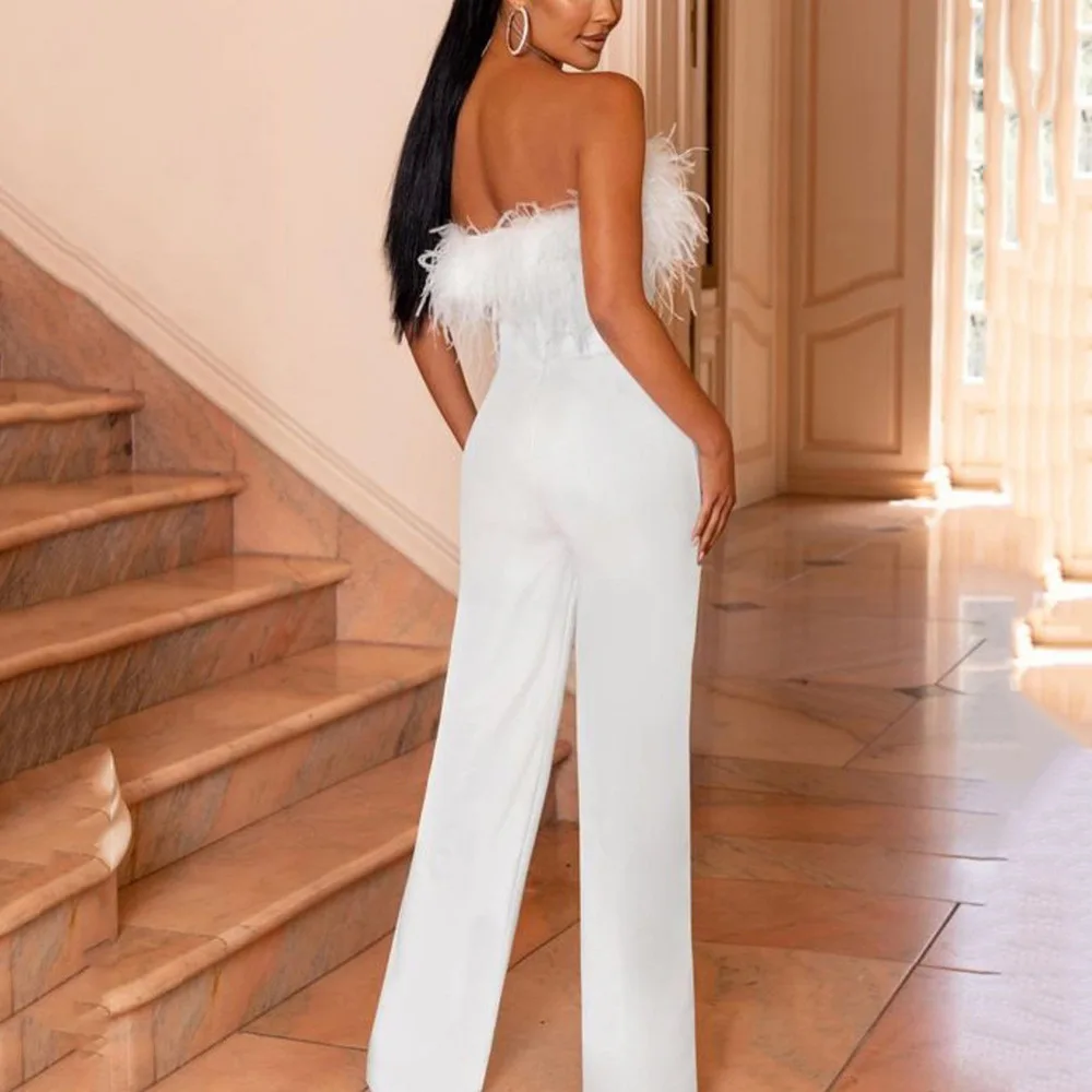 Lente/zomer strapless jumpsuits met veren, damesoveralls, sexy tube top, rugloze feest-/avondjumpsuits