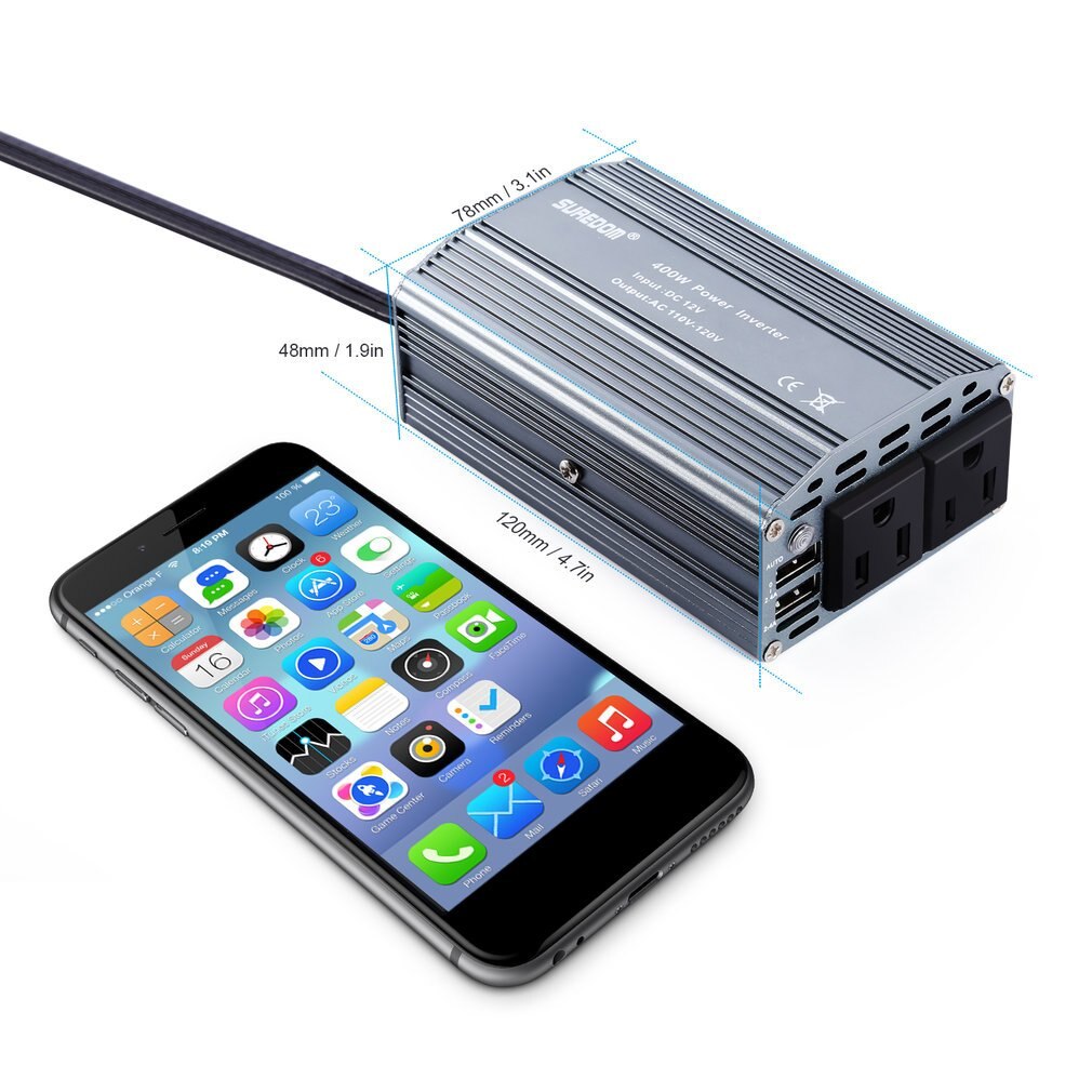 400W di Potenza invertitore auto con 2 Prese e 2 Porte USB di Ricarica auto invertitore ultra Compatto per smartphone