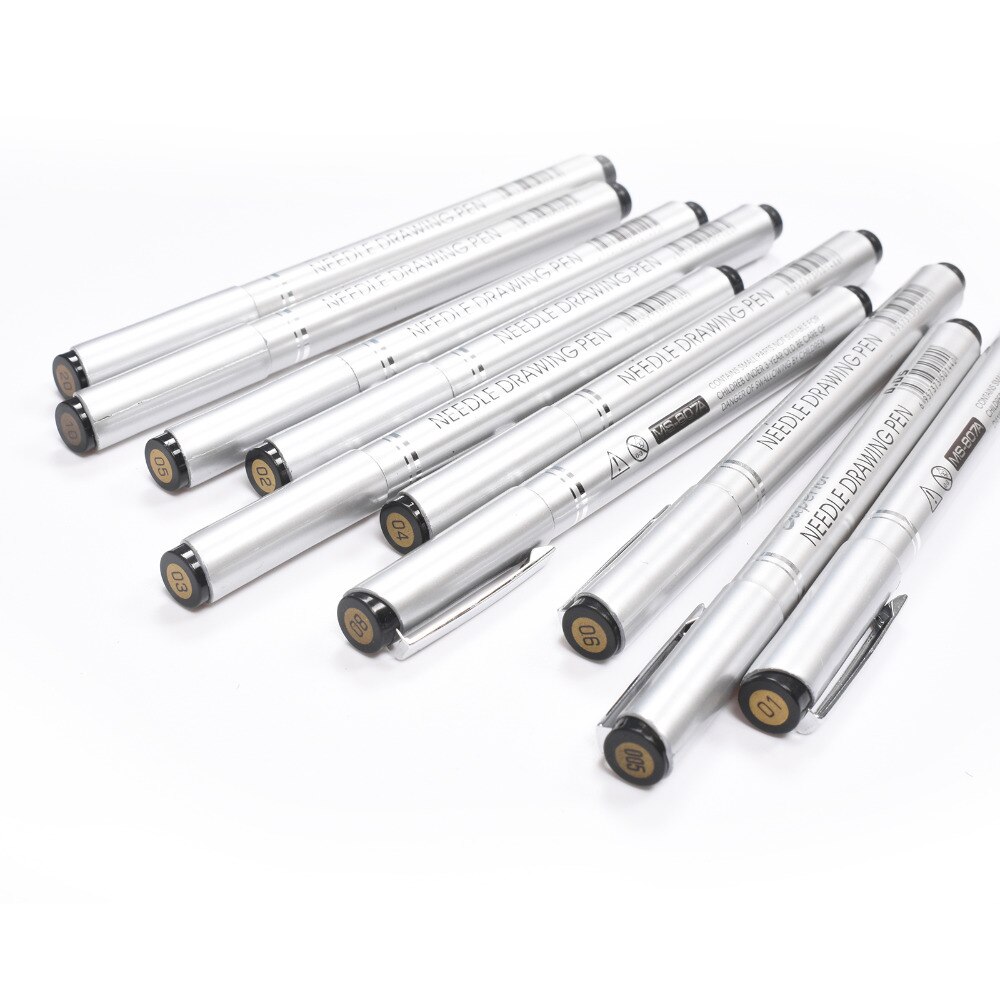 10pcs Needle Drawing Pen Waterproof Sketch Pigment Fine Liner Pen Set Marker Hook Pens For Signature Artist + Brush
