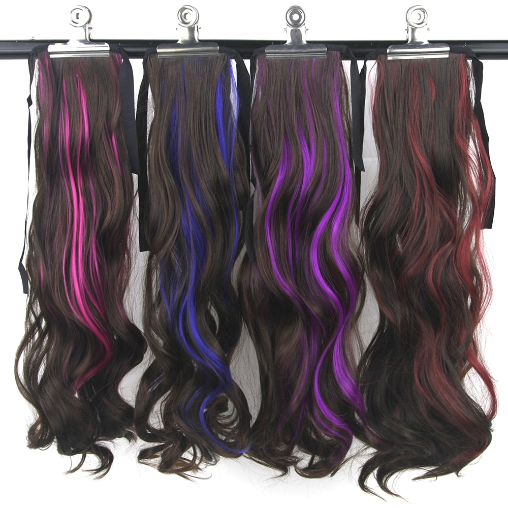 Soowee-coleta de pelo de fibra de alta temperatura, 8 colores, coleta de pelo sintético, Coleta, extensión de cabello con Clip en Rosa y Rojo