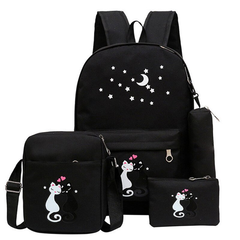4 sæt skoletasker barn skole rygsække til teenagepiger søde kat tegneserie rygsæk børn taske lærred skoletaske: Sort