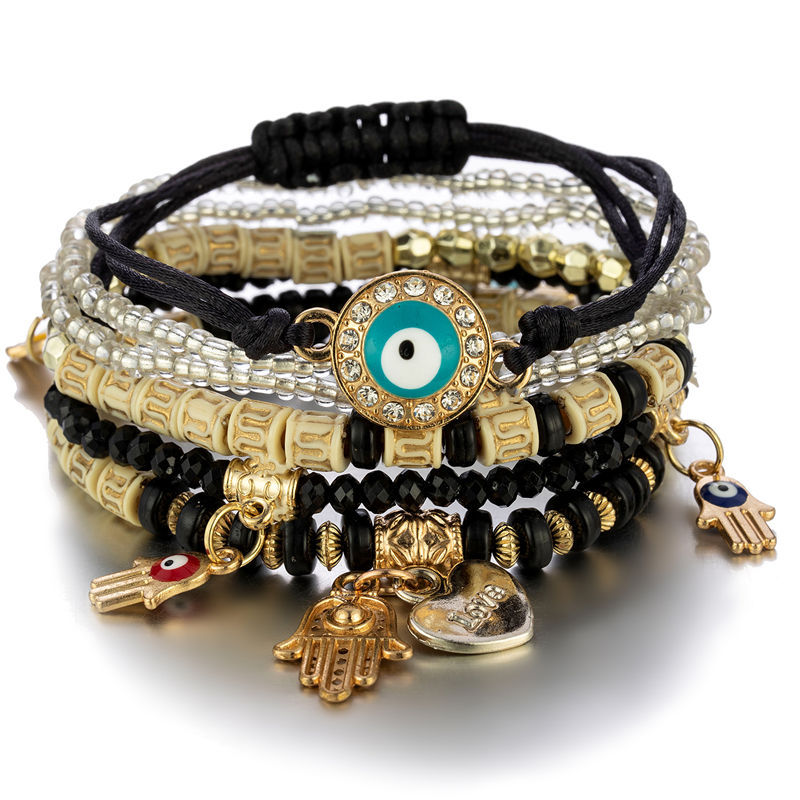 conjunto de pulsera con borlas de mal de ojo para mujer, abalorio de mano de Fátima de cristal, brazalete de cadena con cuentas de piedra, de joyería bohemia para mujer: Bañado en rodio de imitación