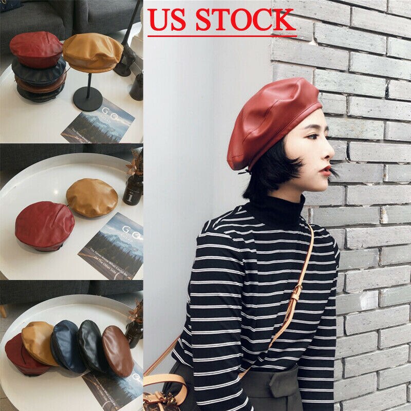 Womens Ladies PU Leather Beret Harajuku Wool Basque Beret Hat With Bowknot Caps PU Leather Beret Hat Golf Driving Flat Beret Cap