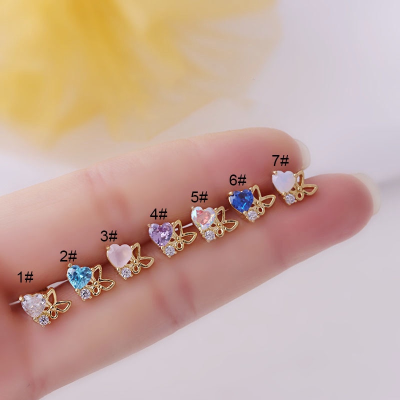 1Pc Stainless Steel Helix Stud Earrings Butterfly Heart Zircon Cz Little Cartilage Rook Snug Conch Ear Piercing Earring: GOLD / 2