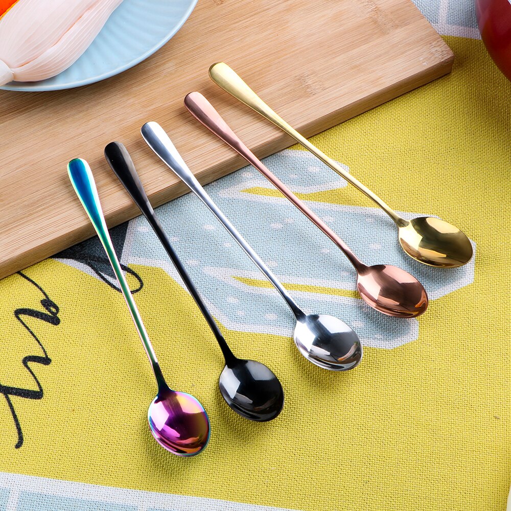 HOOMIN 19.5 CM Spoon Stainless Steel Long Handle Spoon Ice Cream Tea Coffee Spoons Home Kitchen Accessoeies Tableware