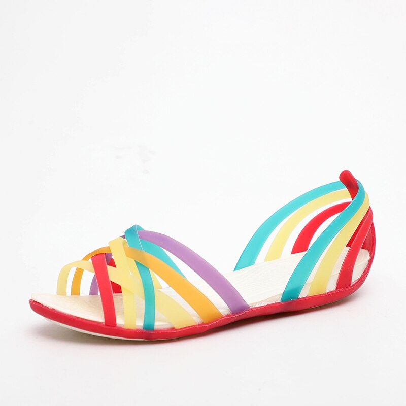 MCCKLE kobiety tęczowe galaretki sandały cukierki kolor Peep Toe damskie płaskie buty plażowe wsuwane slajdy Casual damskie letnie obuwie