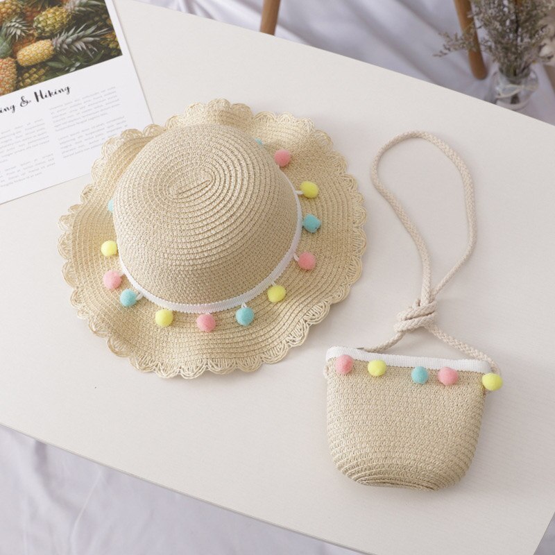 Sombrero tejido de paja bolso bandolera para niña de verano dibujo bonito fresa playa viaje protector solar onda de encaje gorra de sol U5: U6 Beige