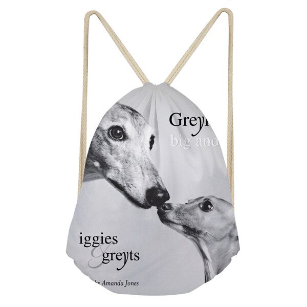 Whereisart 3d dyr hund mørkegrå italiensk greyhound print skolepiger snøre taske små dametasker til softback rygsæk: H494 z 3