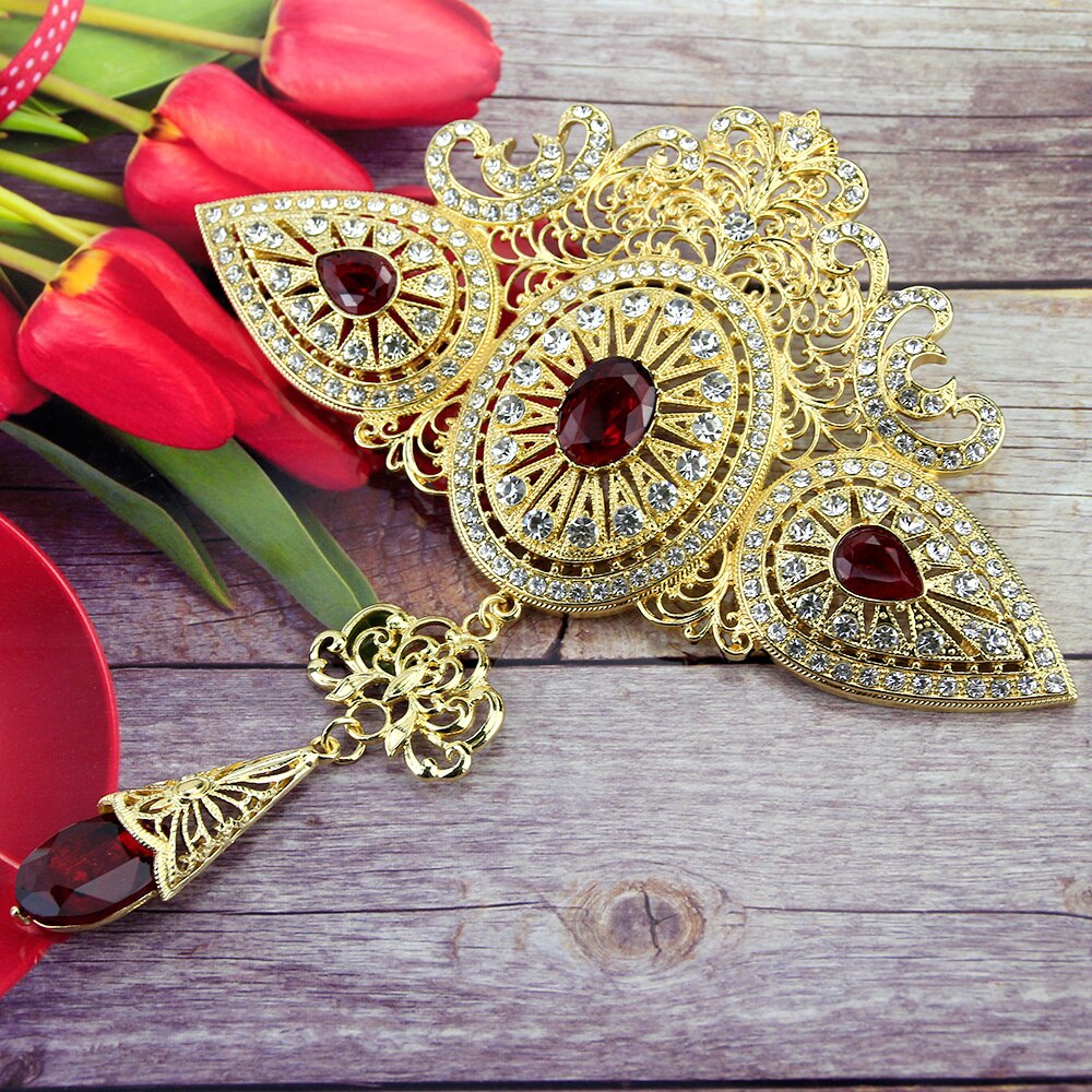 Sunspicems marokkanske bryllupssmykker sæt kaftanbælte broche til kvinder guldfarve rød krystalbrud: 20203 røde
