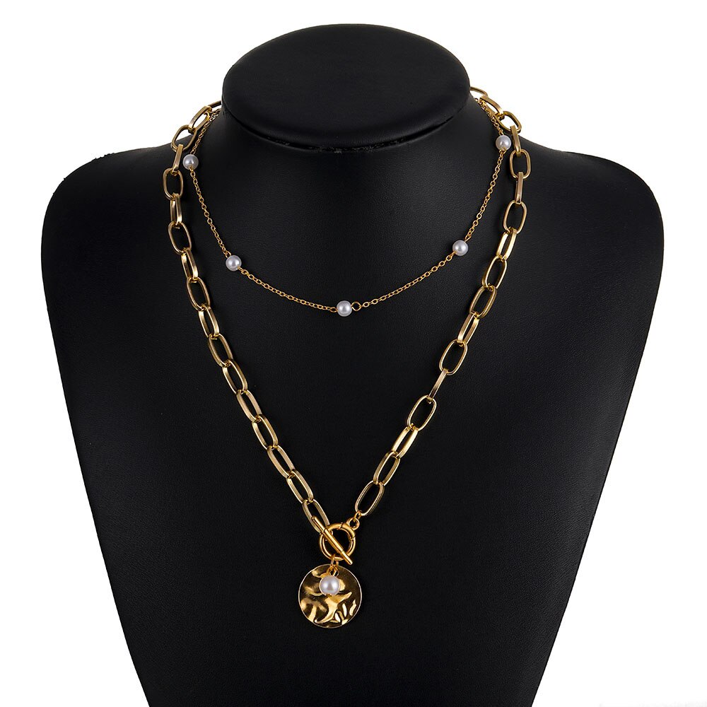 IPARAM Bohemian Multilayer Thick Chain Pendant Necklace Pearl Coin Geometric OT Buckle Necklace Jewelry: IPA0453