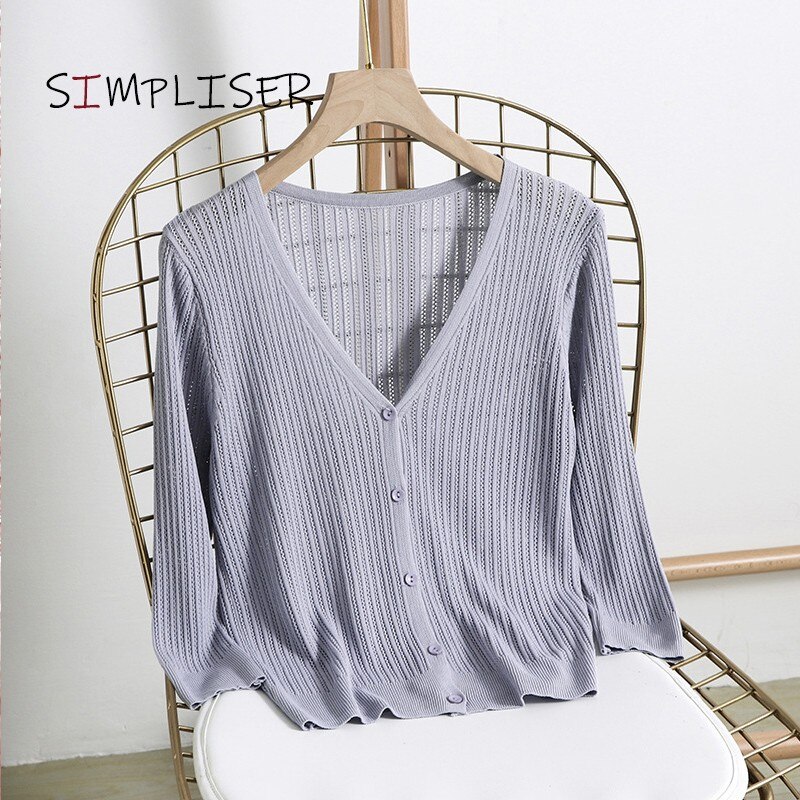 Ice Silk Thin Cardigans Women Summer Knitted V-neck Long Sleeve Sweaters Knit Sweater Women Cardigan Femme Black Pink