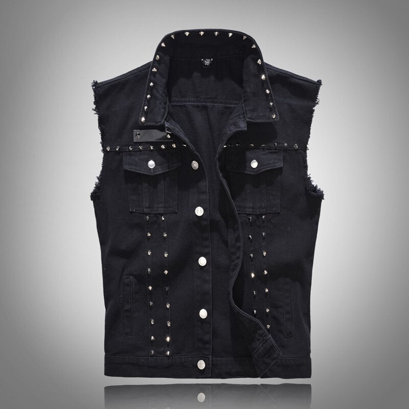 Chaleco vaquero con remaches de Metal para hombre, chaqueta Vintage Punk sin mangas para motocicleta, informal, ajustado, negro, talla grande 4XL 5XL: XXL