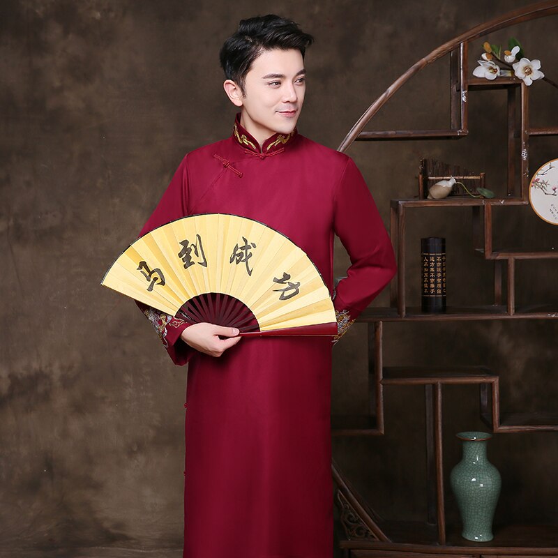 bata de hombre Roja China kimono de seda sintética bata de baño bata de noche ropa de dormir hombre pijama: M
