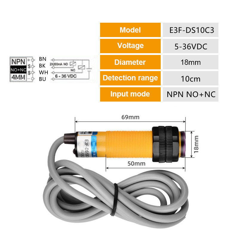 Interrupteur de proximité capteur photoélectrique E3F-DS30C4 NPN PNP DC5-36V plage de détection réglable 30cm 10cm E3F-DS30P1/P2/C2/Y1: Violet