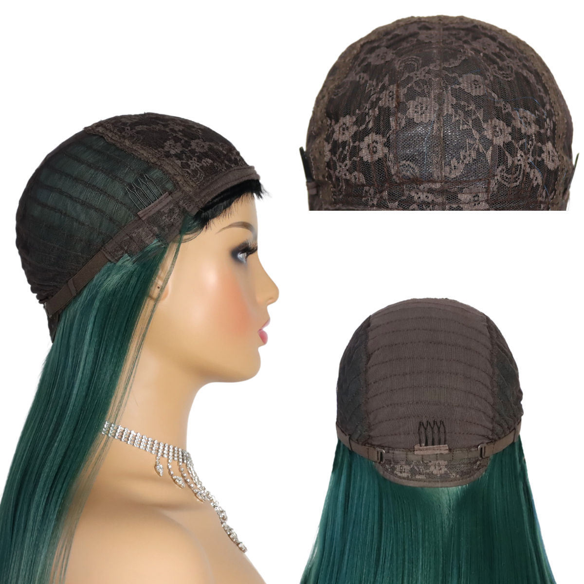 SALLYWELL Green Wigs With Bangs Straight Wig For Women Synthetic Fiber Hair Dark Rooted Ombre Green Long Glueless Full Machine