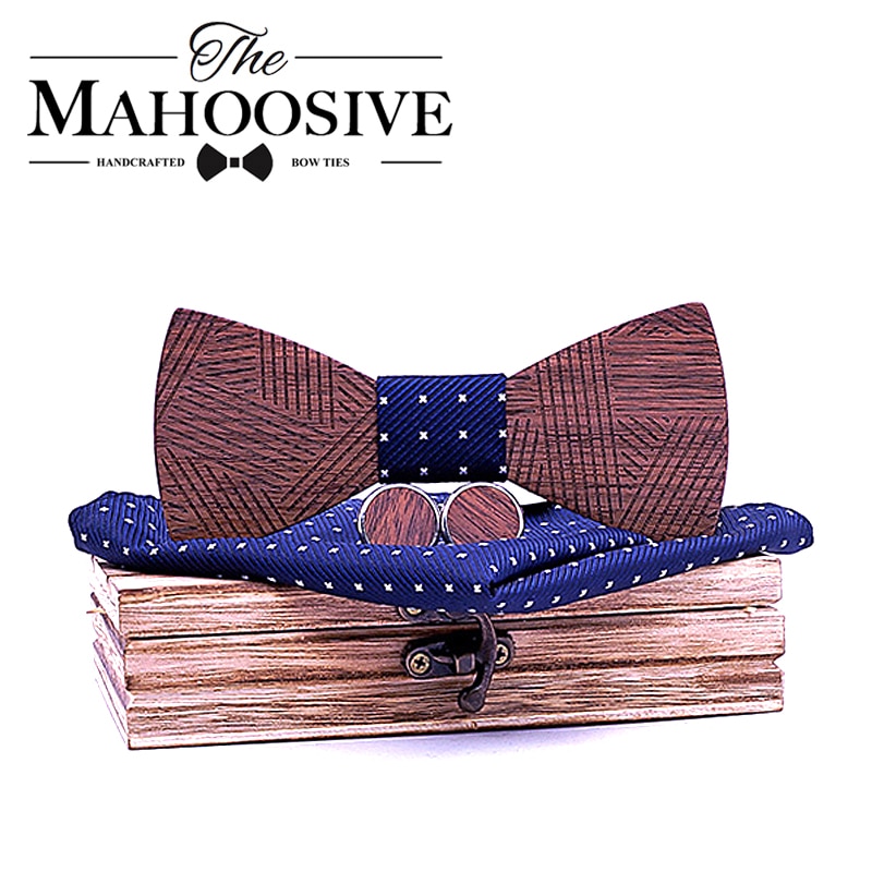 Conjunto de pajarita de madera a cuadros para hombre, conjunto de pajarita de madera a rayas, pañuelo y gemelos con caja de madera para hombre, de boda