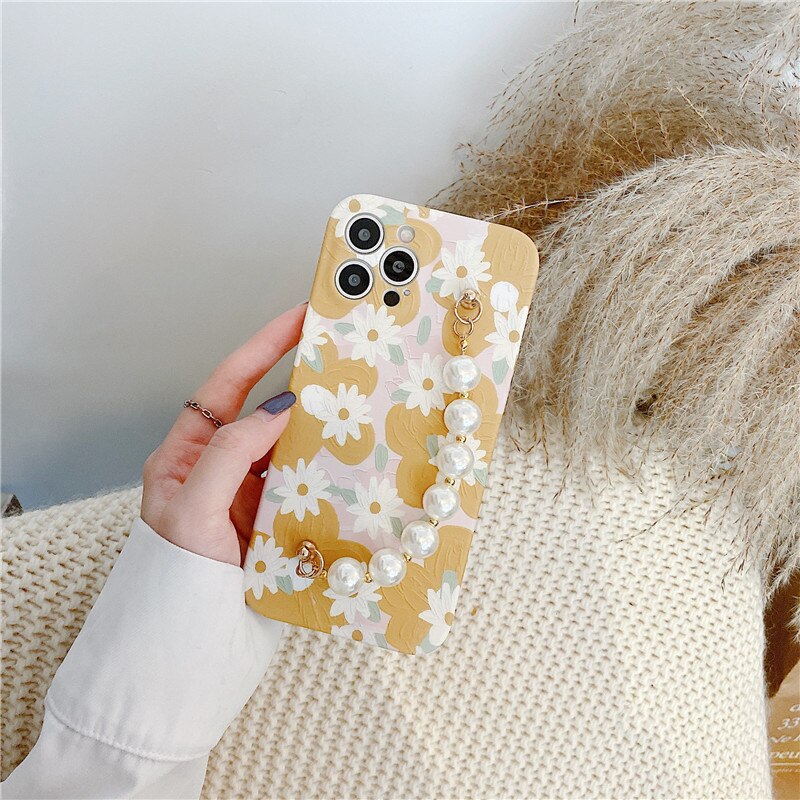 Pearl rhinestone wrist bracelet Flower Daisy Art case For iphone 12 11 Pro Max X XR Xs max 7 8Plus SE2020 Protective case