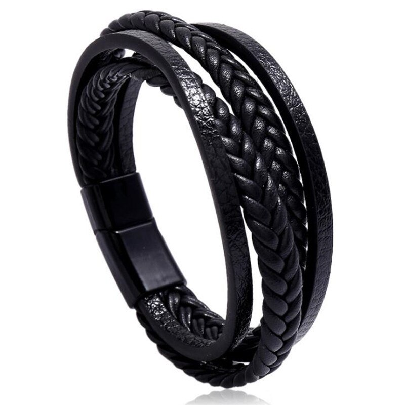 Handmade Men Leather bracelet Hand Braided Multilayer Magnetic Braslet For Male Hip Hop Armband Jewelry Homme: Black